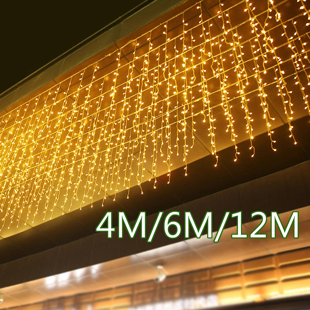 LED Icicle String Lights 4M/12M Curtain Fairy Lights Christmas Garland Outdoor For Wedding Party New Year Terrace Decoration